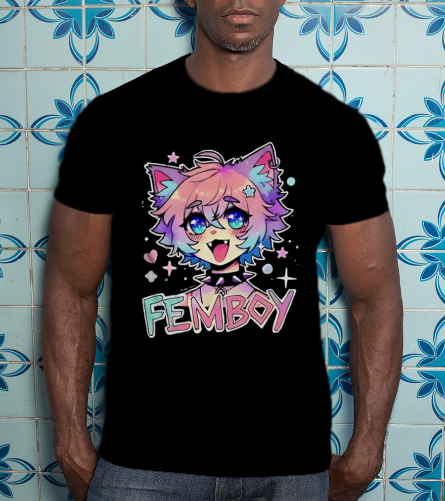 Femboy Catboy Nekomimi Anime Kawaii Pastel Sparkling Spiked Collar T-Shirt
