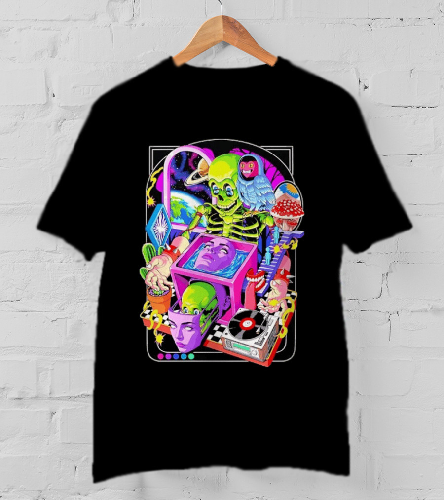 Green Skeleton Psychedelic Owl Surreal Heads Space Earth Trippy Mushrooms Record Player Adventure T-Shirt
