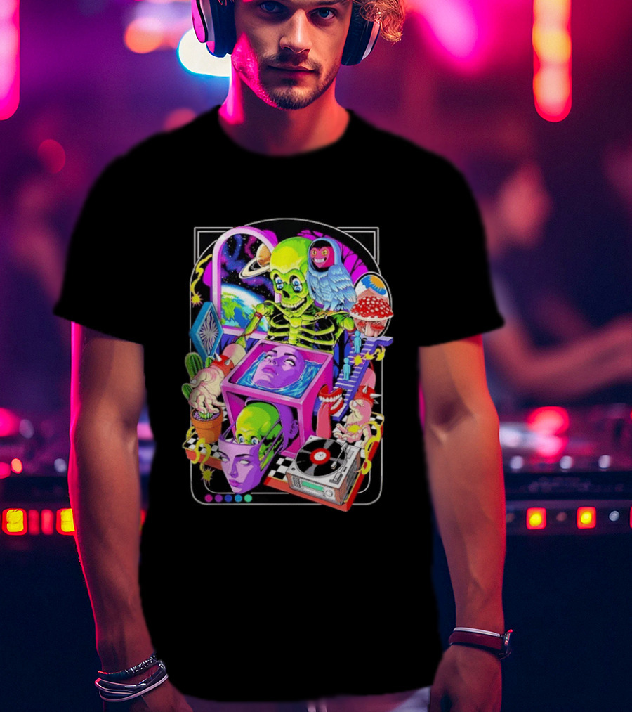 Green Skeleton Psychedelic Owl Surreal Heads Space Earth Trippy Mushrooms Record Player Adventure T-Shirt