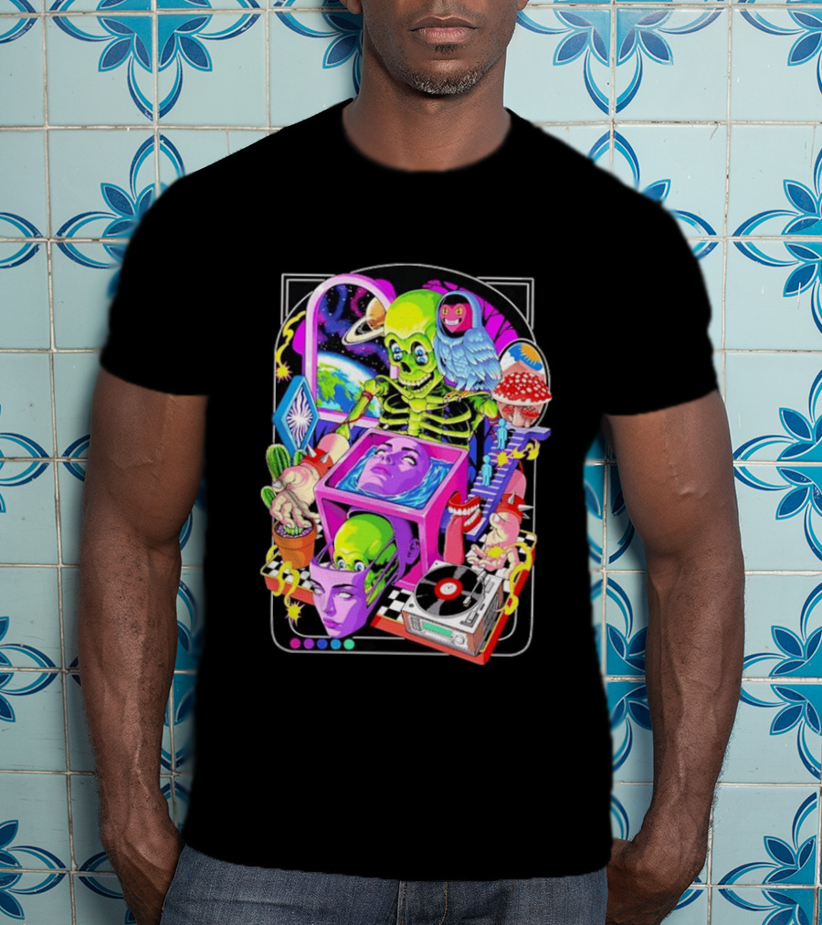 Green Skeleton Psychedelic Owl Surreal Heads Space Earth Trippy Mushrooms Record Player Adventure T-Shirt