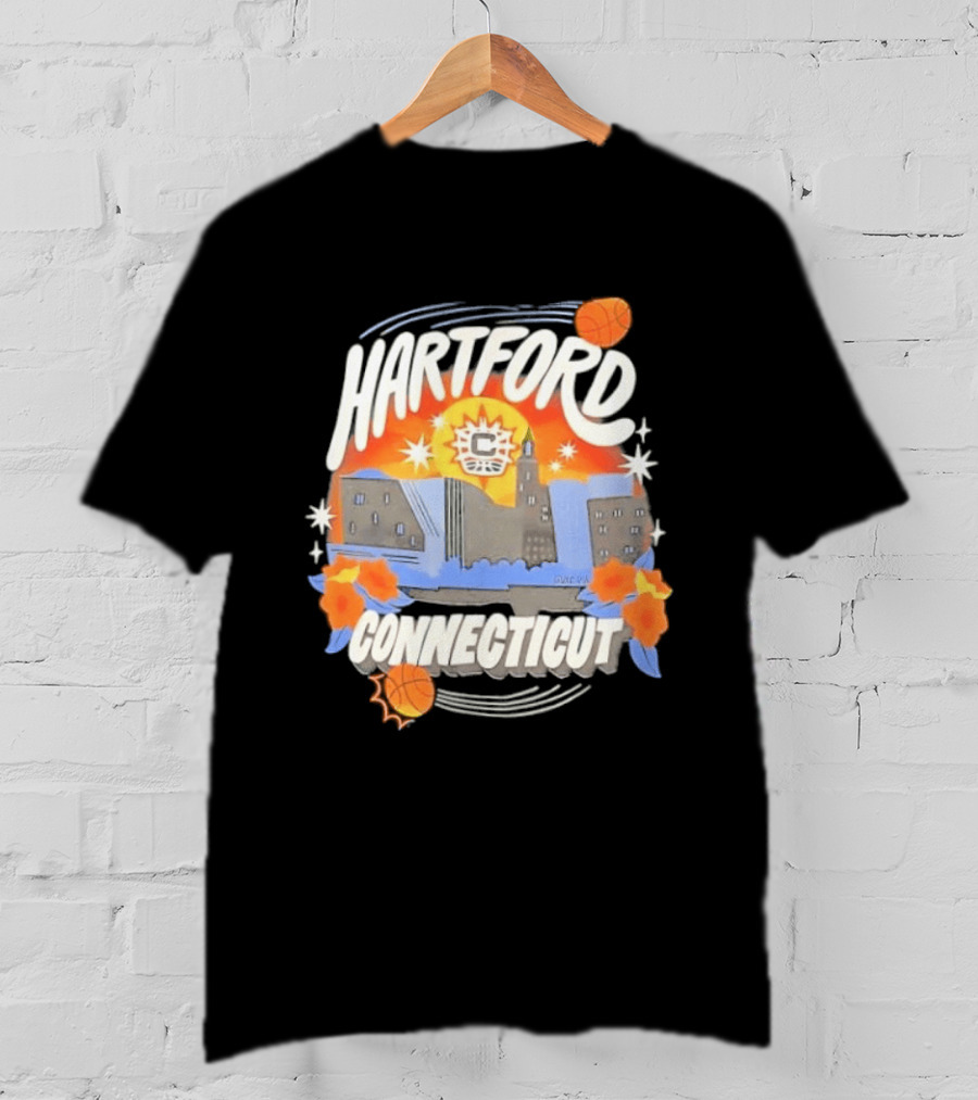 Hartford Connecticut Sun Basketball Skyline With Flowers And Basketballs T-Shirt
