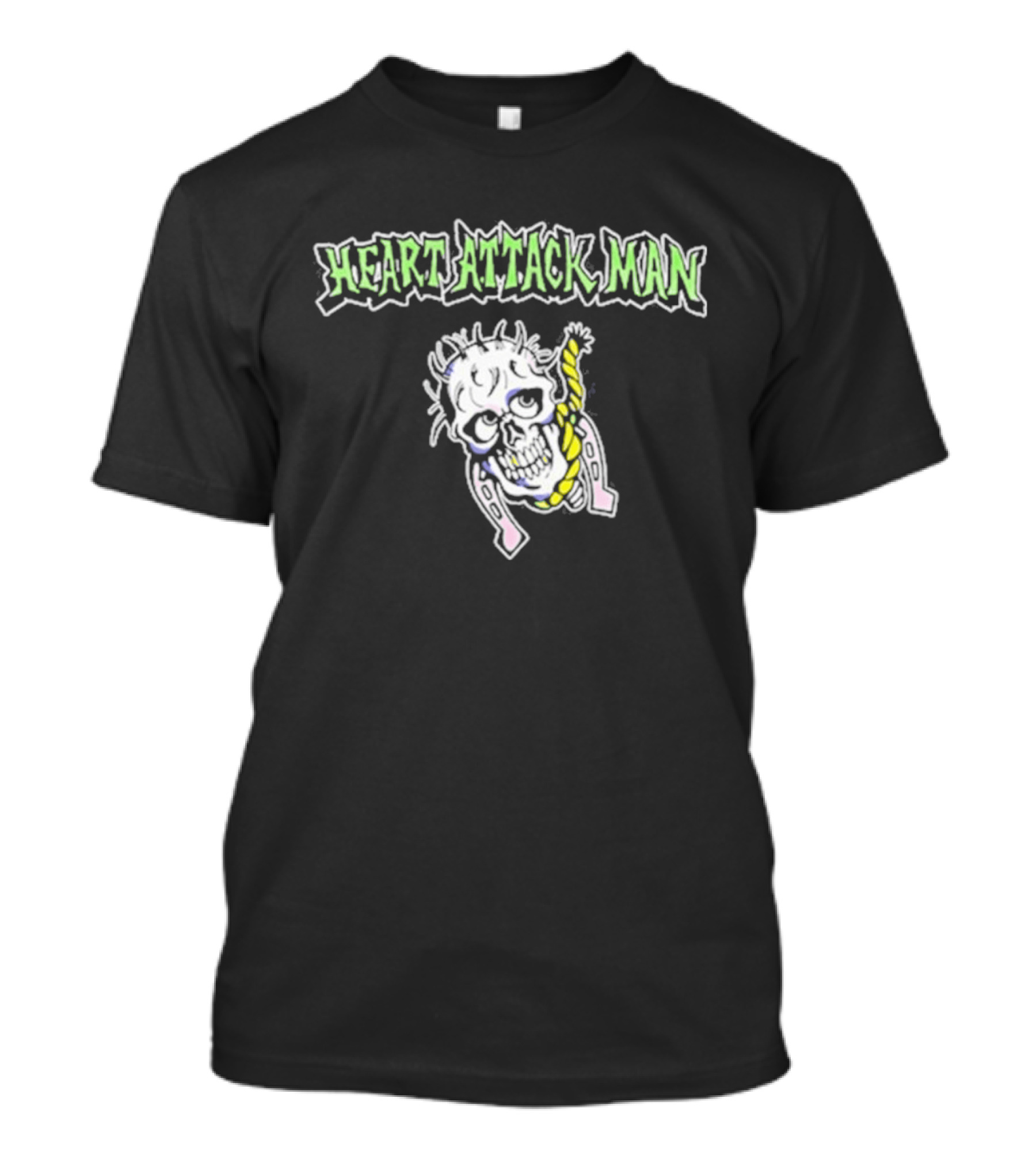 Heart Attack Man Skull Noose Pale Green Text Yellow Rope T-Shirt