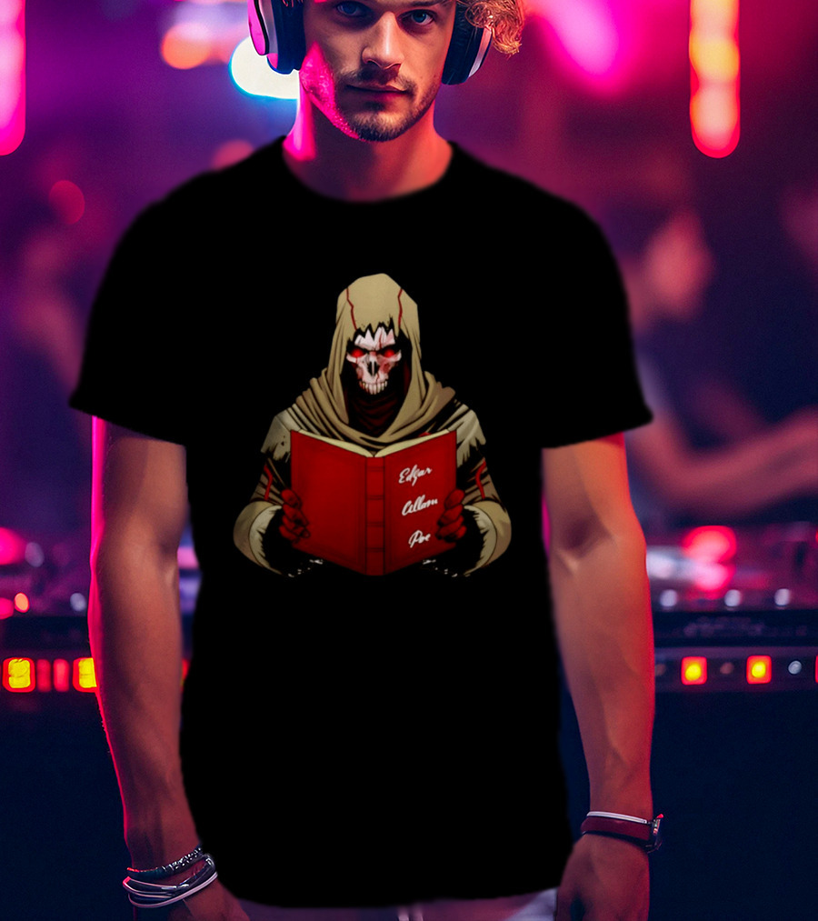 Grim Reaper Hooded Skeleton With Red Eyes Holding Edgar Allan Poe Book T-Shirt
