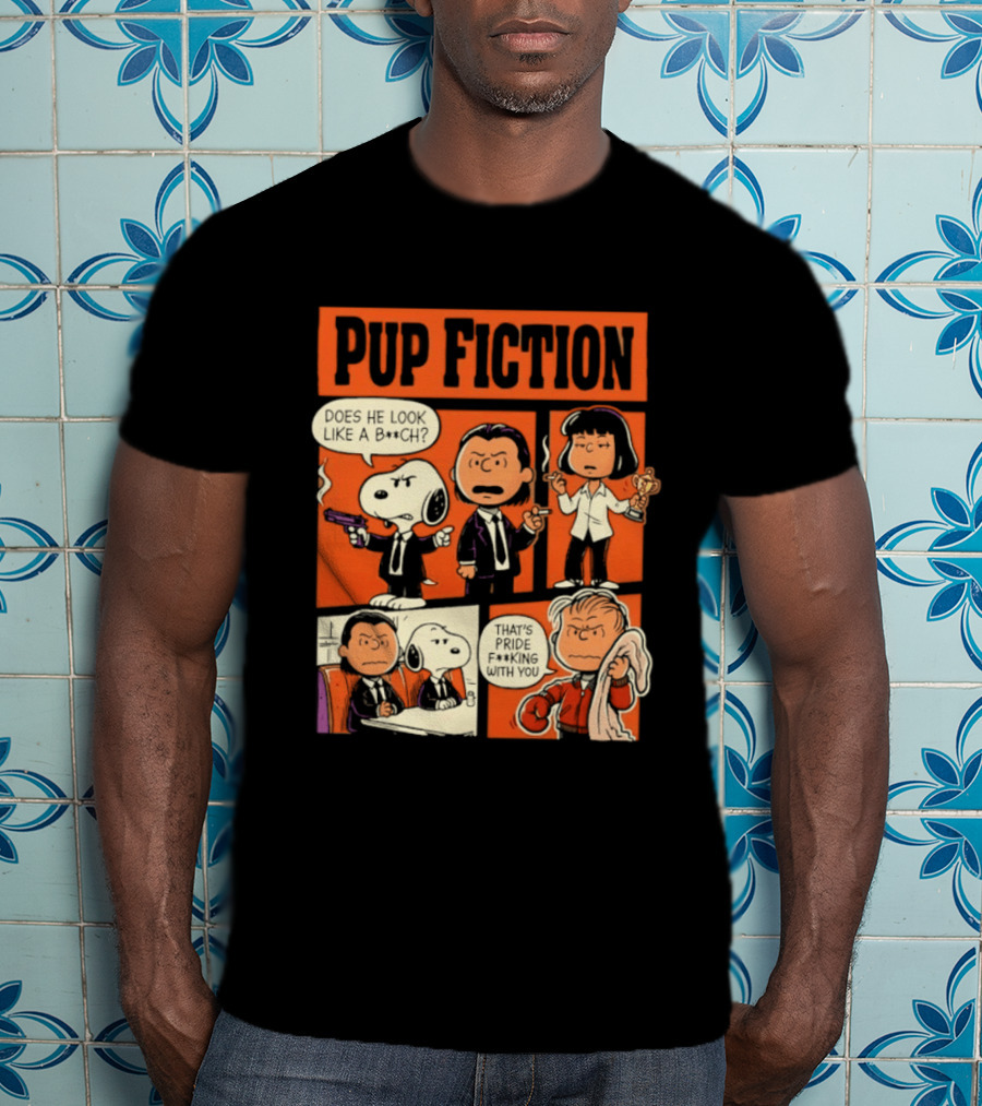 Peanuts Pup Fiction Does He Look Like A Bitch Snopy And Franklin Vincent Jules Mia T-Shirt