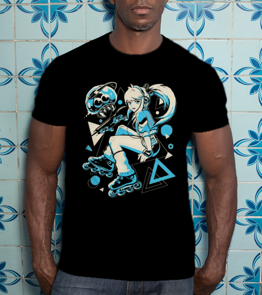 Samus Aran Metroid Rollerblades Skateboard Retro Gaming T-Shirt
