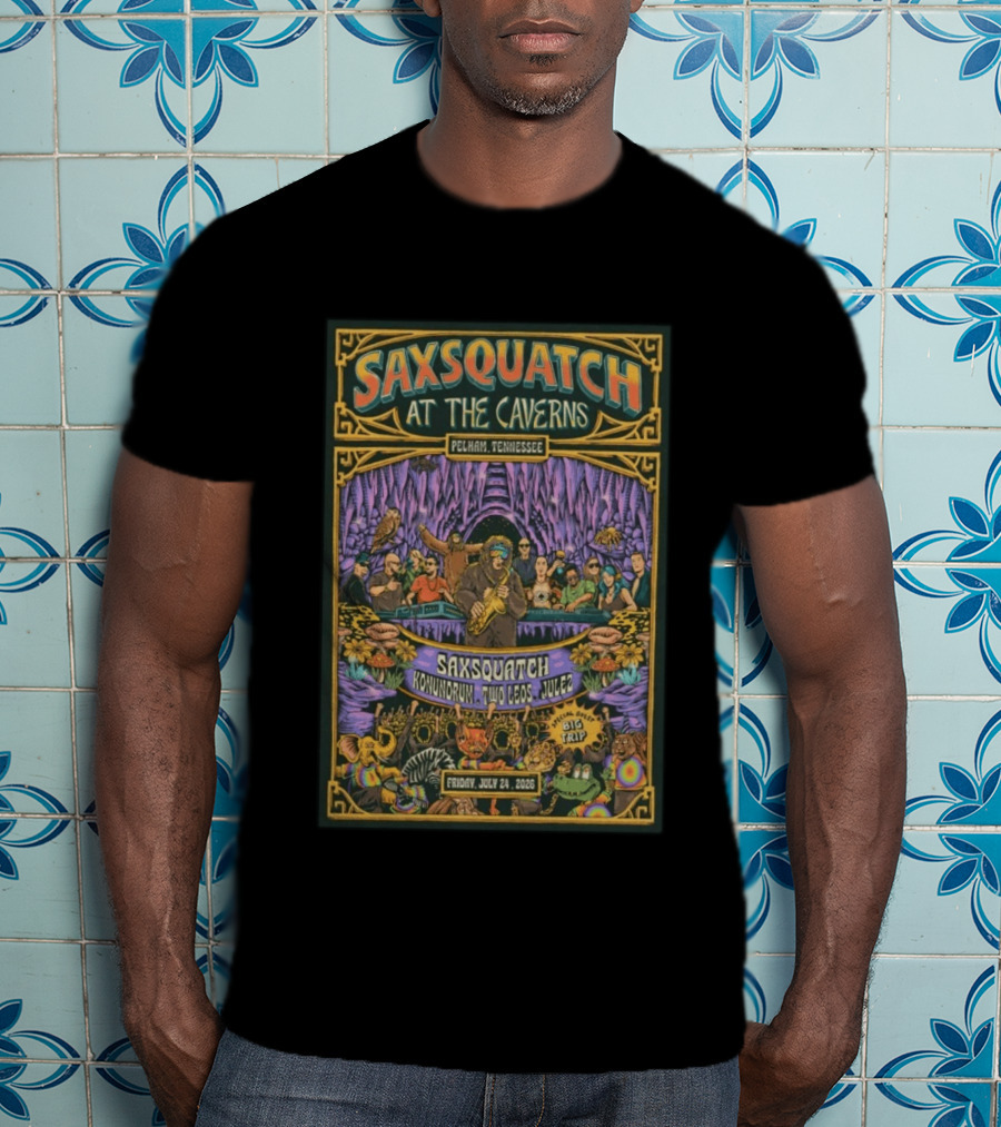 Saxsquatch At The Caverns Pelham Tennessee July 24 2026 Konundrum Two Egos Julez T-Shirt