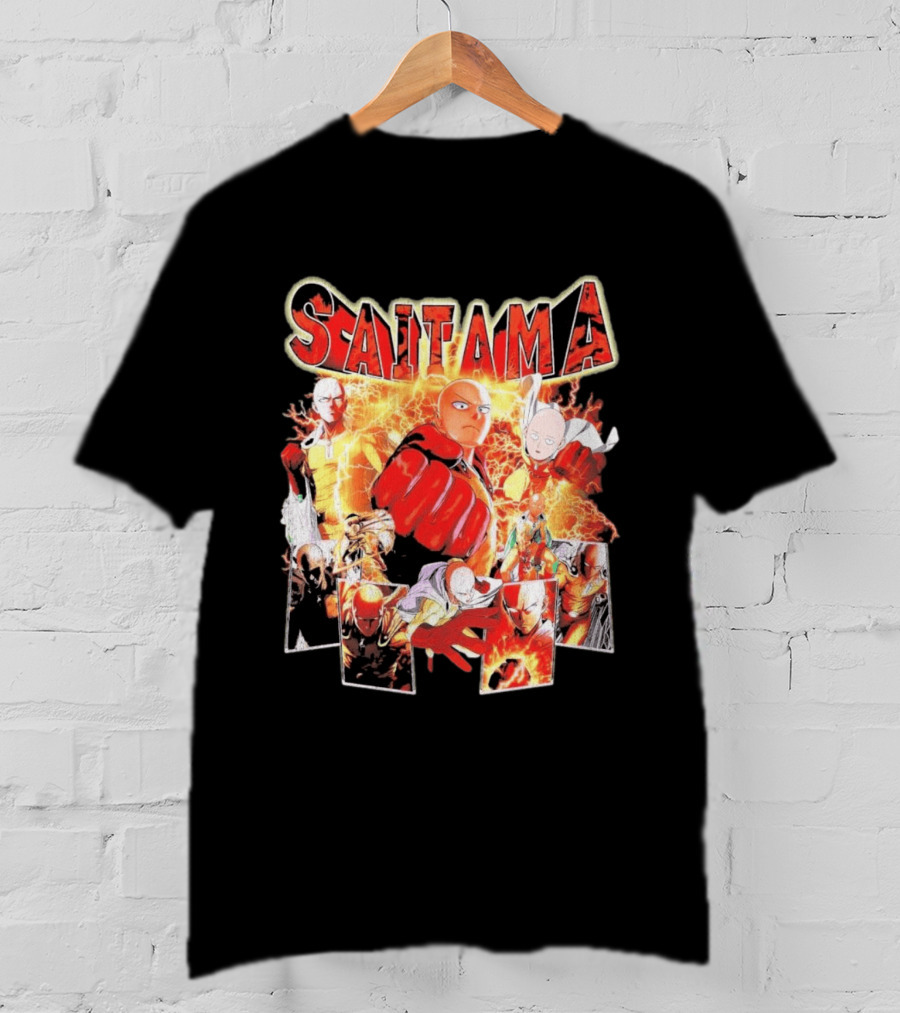 Saitama Hero Manga Character Collage With Lightning Fist T-Shirt