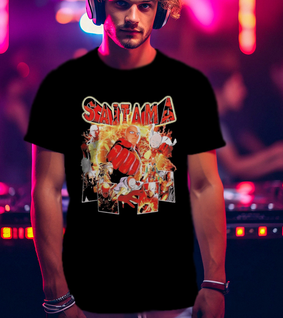 Saitama Hero Manga Character Collage With Lightning Fist T-Shirt