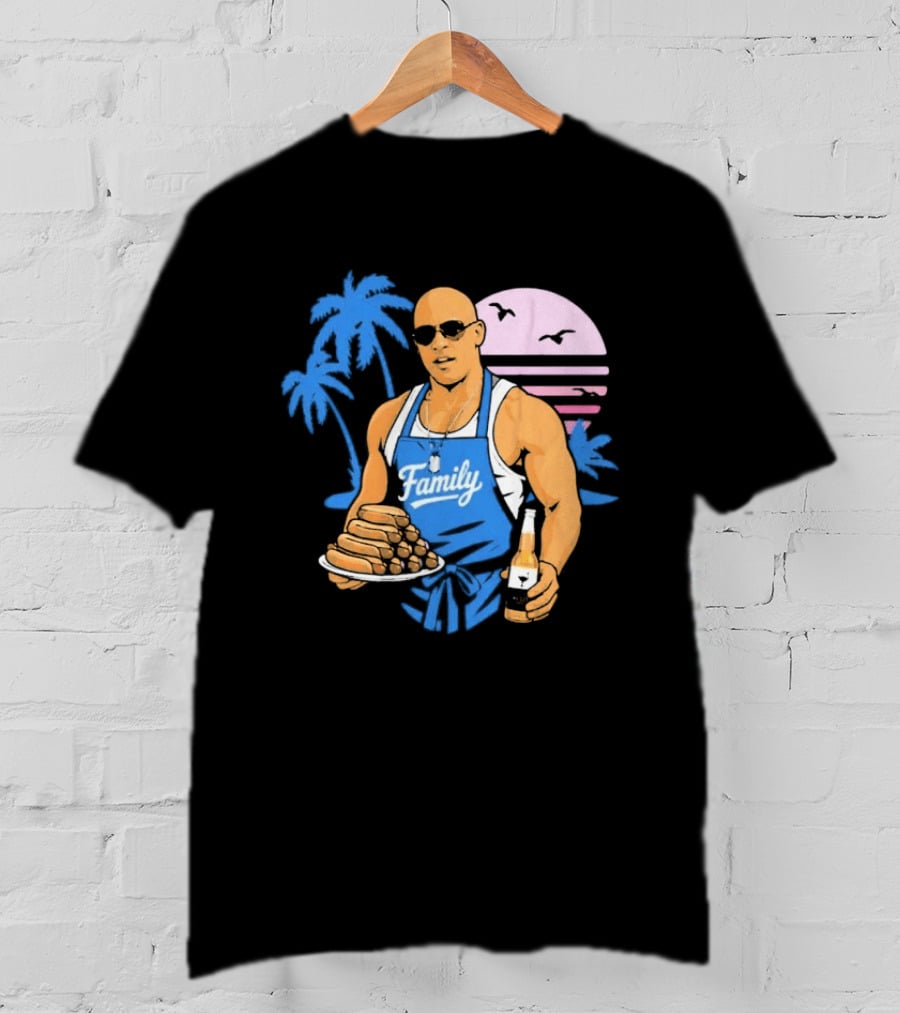 KCCO Family BBQ With Hot Dogs Palm Trees Sunset Birds T-Shirt
