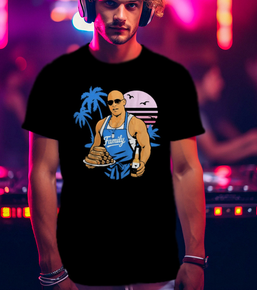 KCCO Family BBQ With Hot Dogs Palm Trees Sunset Birds T-Shirt