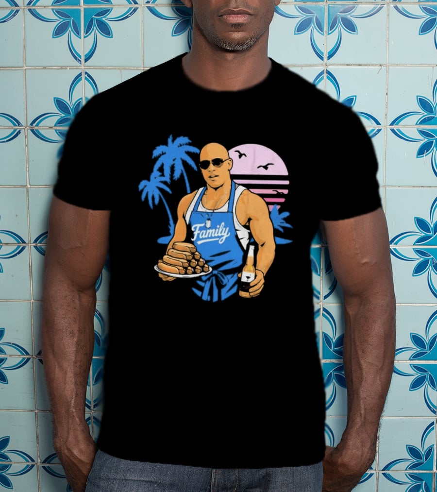 KCCO Family BBQ With Hot Dogs Palm Trees Sunset Birds T-Shirt