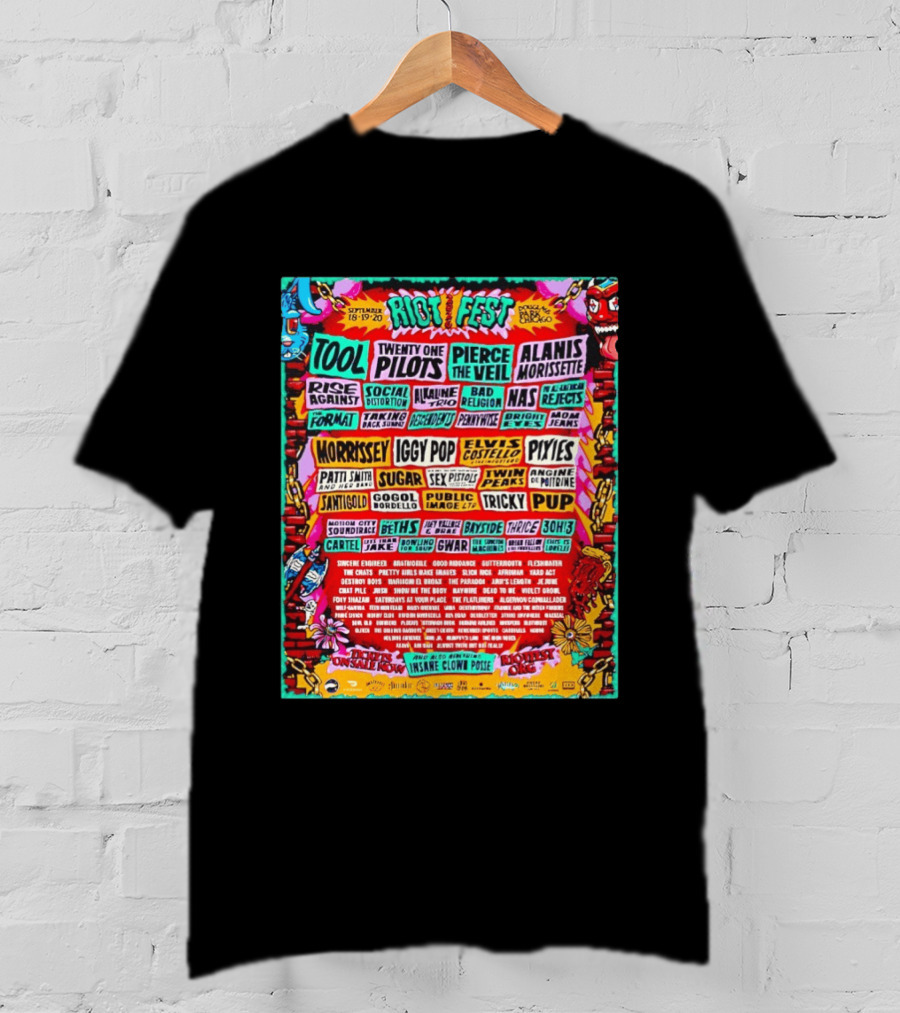 Riot Fest 2026 Full Lineup Douglass Park Chicago September 18 19 20 Featuring Tool Twenty One Pilots Pierce The Veil Alanis Morissette T-Shirt