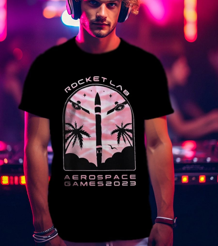 Rocket Lab Aerospace Games 2023 Rocket Space Satellite Event Palm Trees T-Shirt