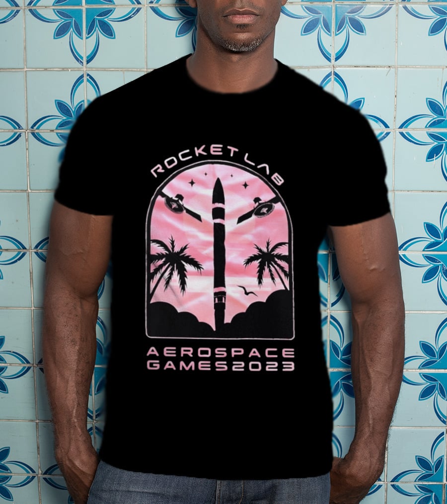 Rocket Lab Aerospace Games 2023 Rocket Space Satellite Event Palm Trees T-Shirt