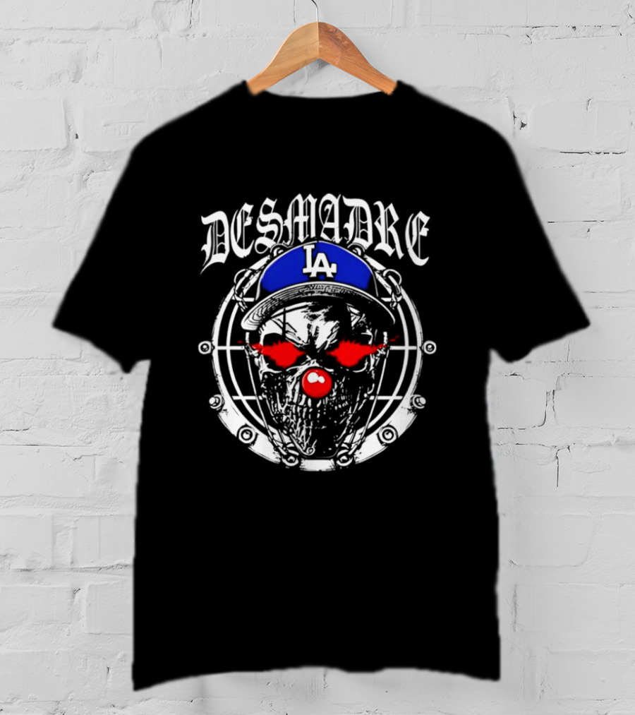 Skull In Los Angeles Dodgers Cap With Clown Makeup And DESMADRE T-Shirt