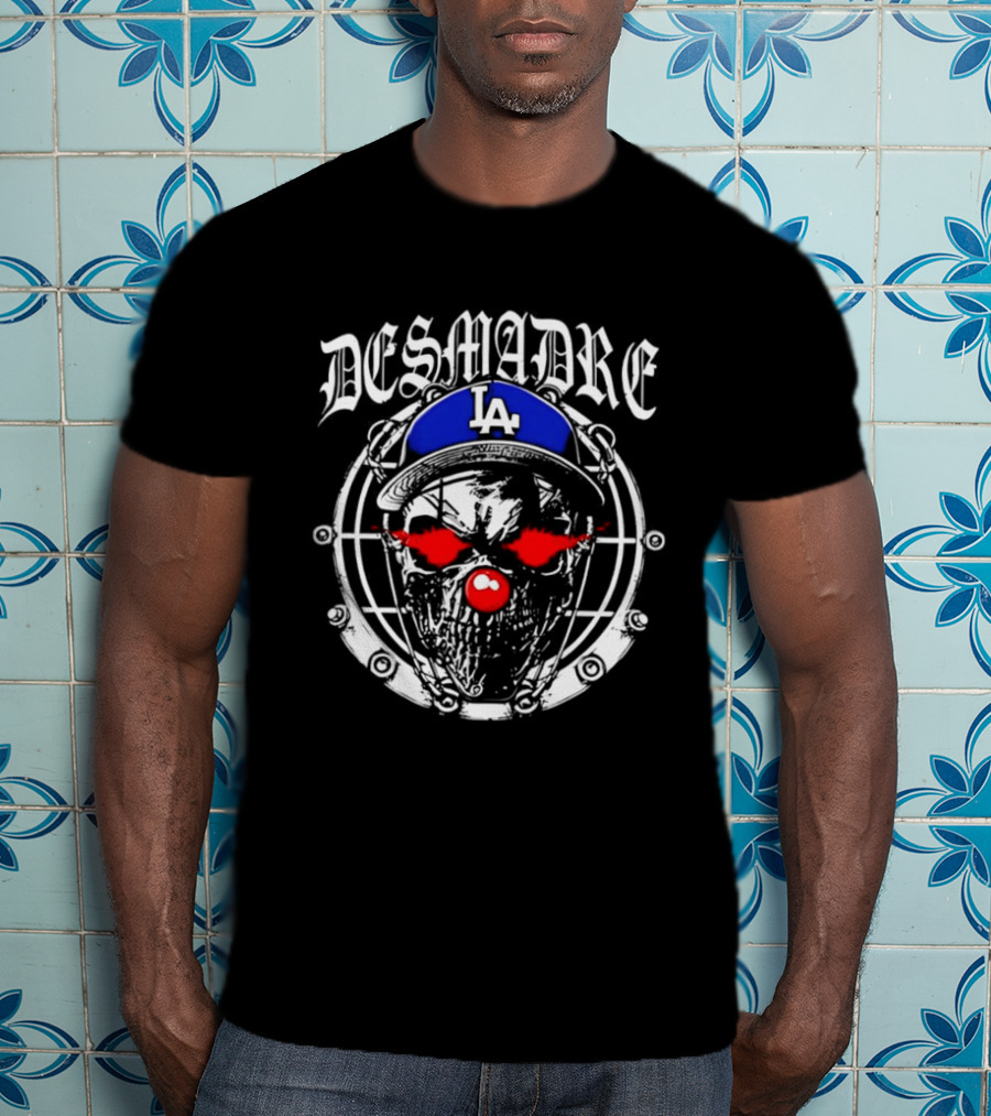 Skull In Los Angeles Dodgers Cap With Clown Makeup And DESMADRE T-Shirt
