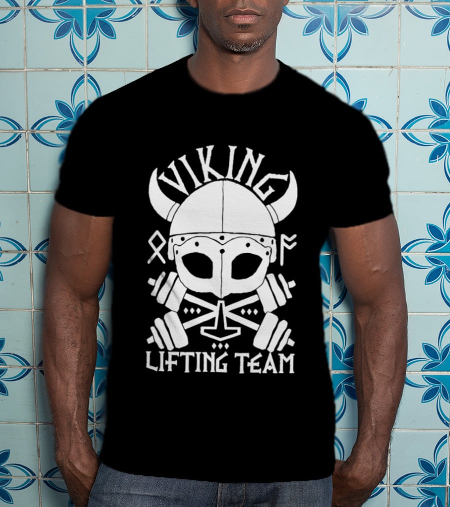 Viking Lifting Team Skull With Barbell And Helmet T-Shirt