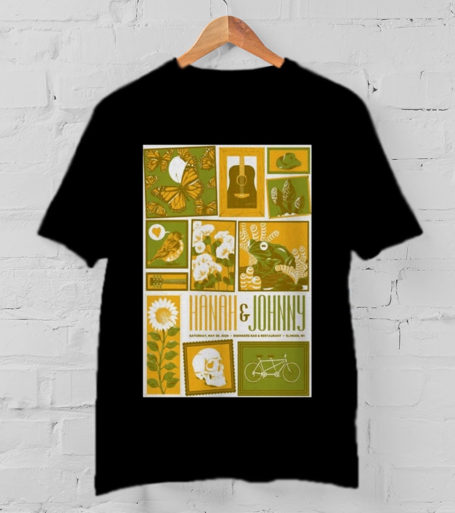 Hanah & Johnny May 30 2026 Ringer's Bar & Restaurant Slinger WI Butterfly Guitar Skull Bicycle Floral T-Shirt