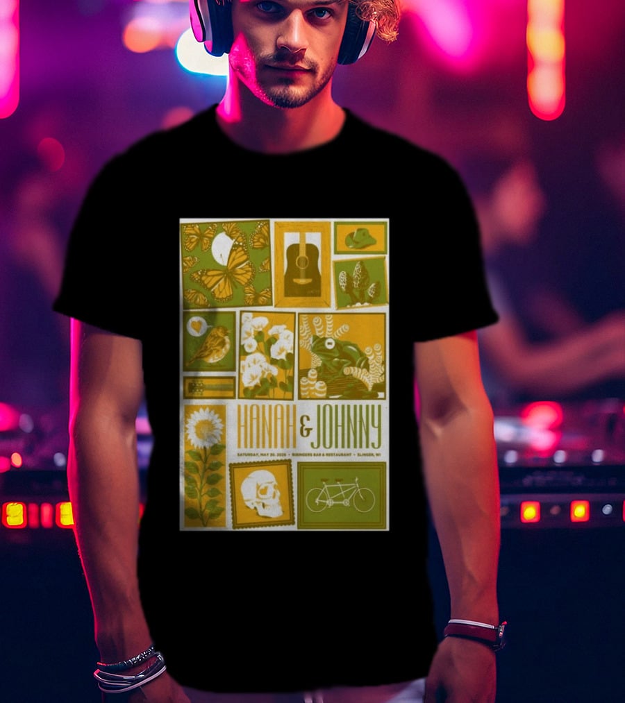 Hanah & Johnny May 30 2026 Ringer's Bar & Restaurant Slinger WI Butterfly Guitar Skull Bicycle Floral T-Shirt