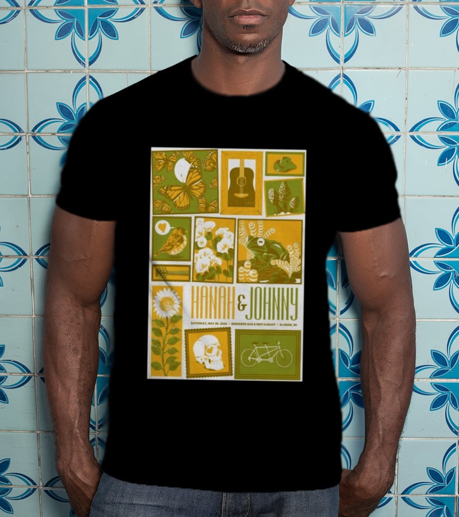 Hanah & Johnny May 30 2026 Ringer's Bar & Restaurant Slinger WI Butterfly Guitar Skull Bicycle Floral T-Shirt