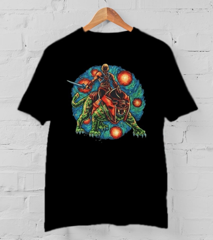 He Man And Battle Cat Starry Night Strength Courage Van Gogh Fusion T-Shirt