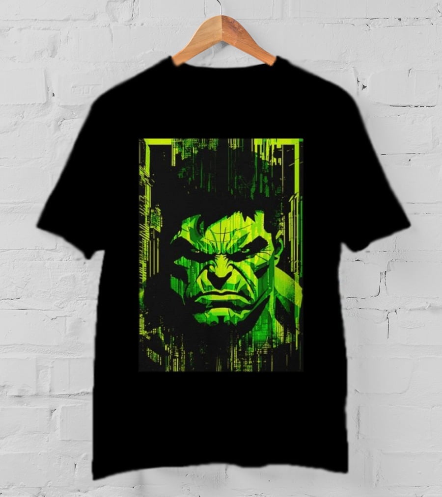 Hulk Glitch Digital Green Abstract Face T-Shirt