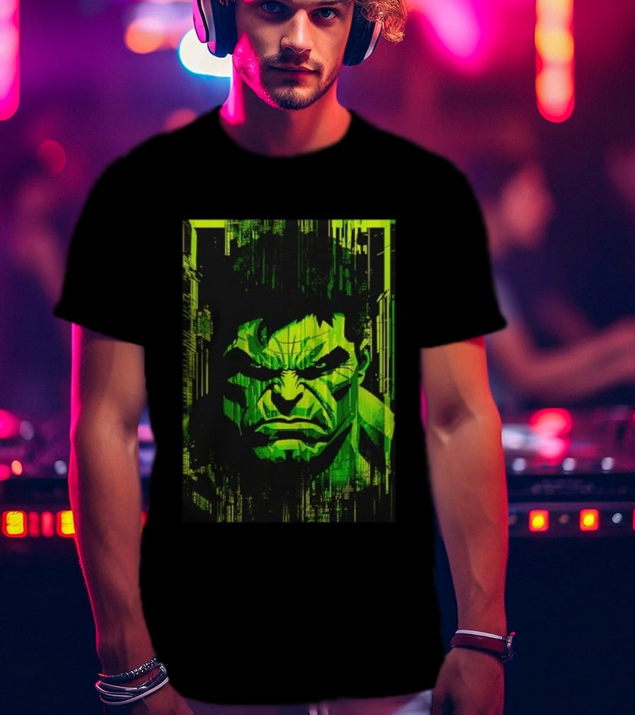 Hulk Glitch Digital Green Abstract Face T-Shirt