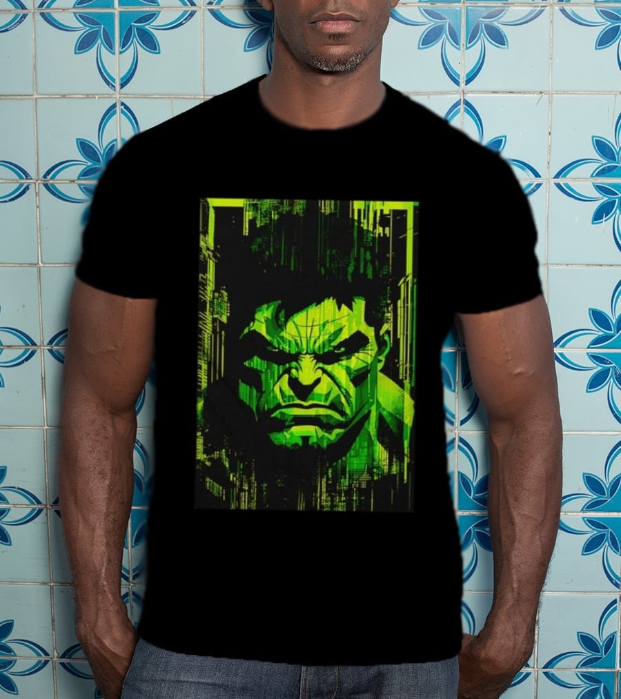 Hulk Glitch Digital Green Abstract Face T-Shirt
