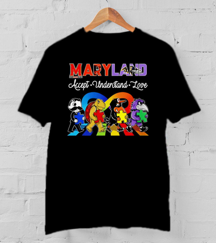 Maryland Pride Accept Understand Love With Sports Mascots And Puzzle Pieces T-Shirt