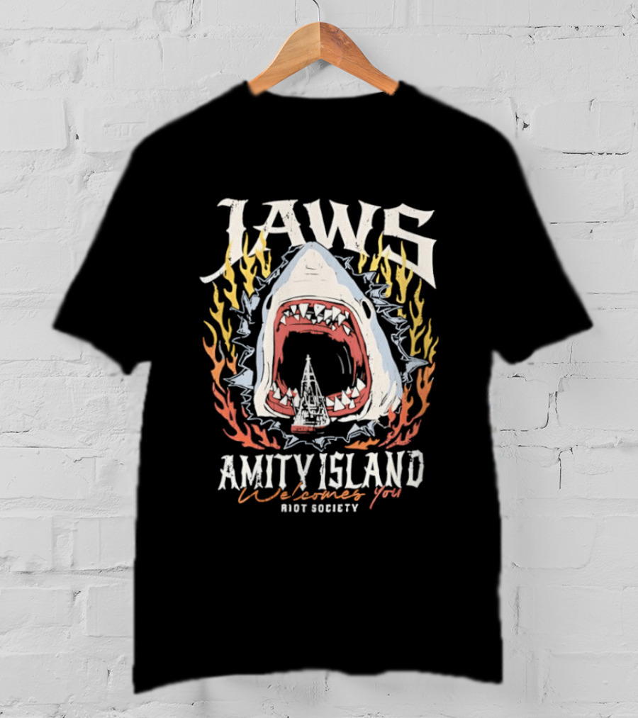 Jaws Amity Island Welcomes You Shark Eating Riot Society T-Shirt