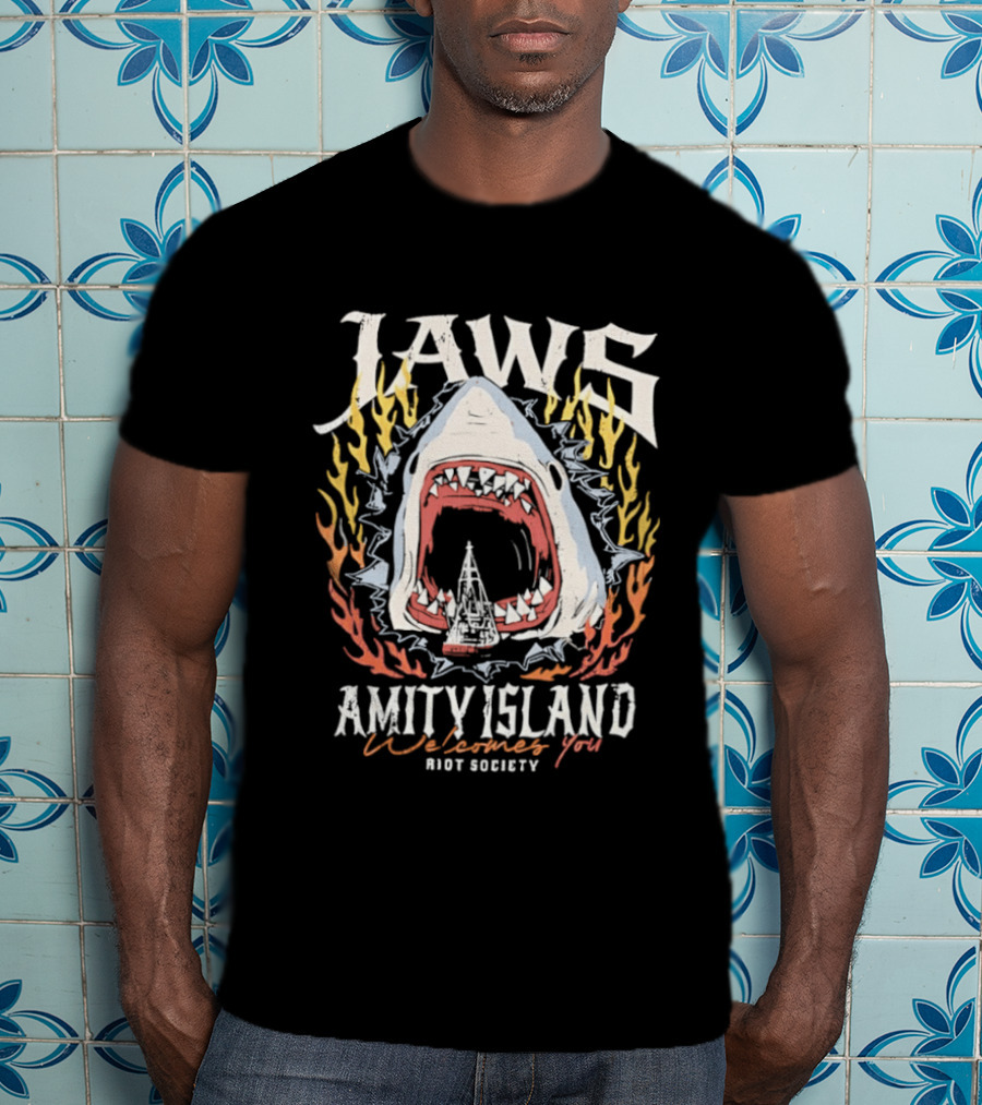 Jaws Amity Island Welcomes You Shark Eating Riot Society T-Shirt