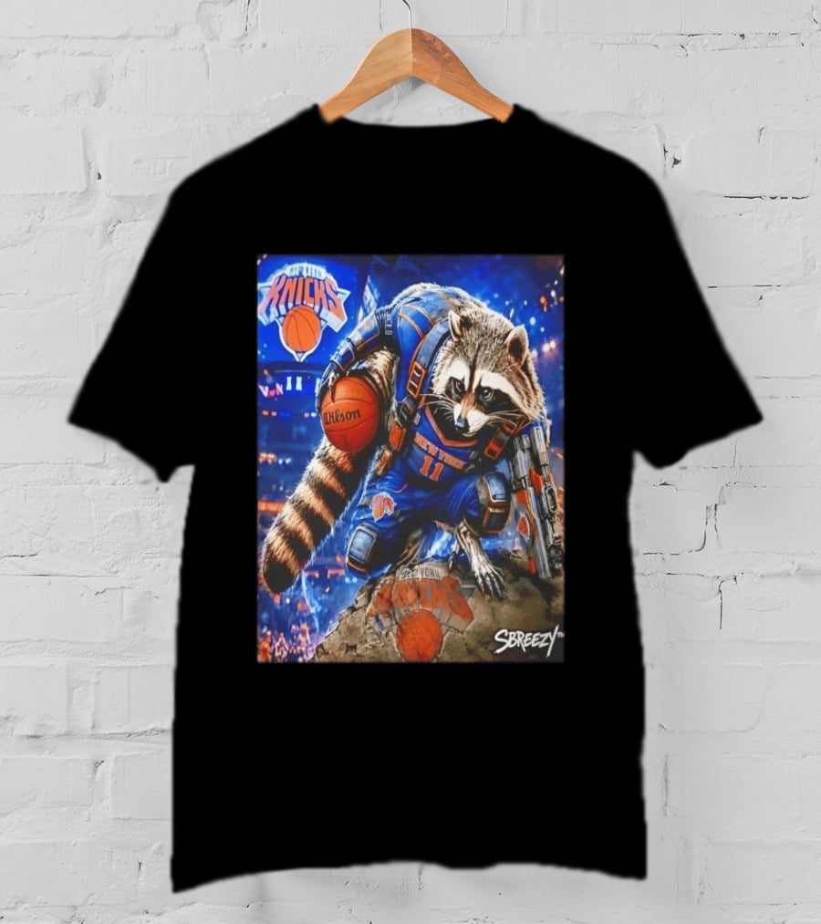 Rocket Raccoon New York Knicks Marvel Guardians NBA Crossover Wilson Ball T-Shirt
