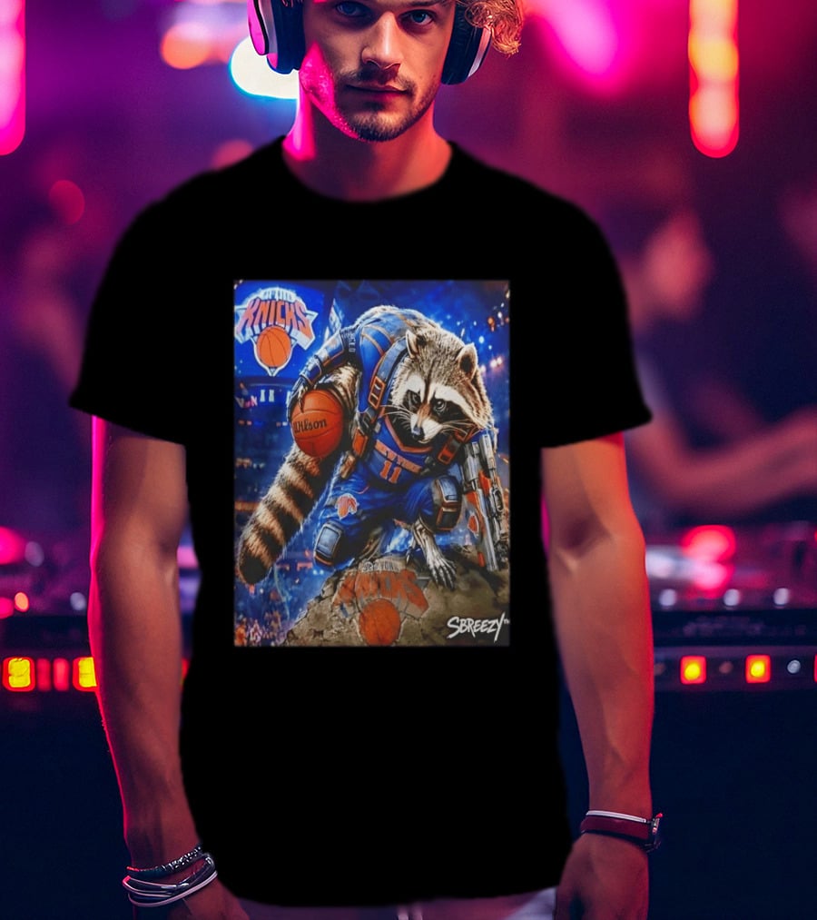 Rocket Raccoon New York Knicks Marvel Guardians NBA Crossover Wilson Ball T-Shirt