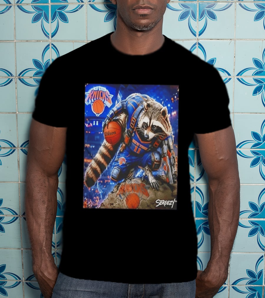 Rocket Raccoon New York Knicks Marvel Guardians NBA Crossover Wilson Ball T-Shirt