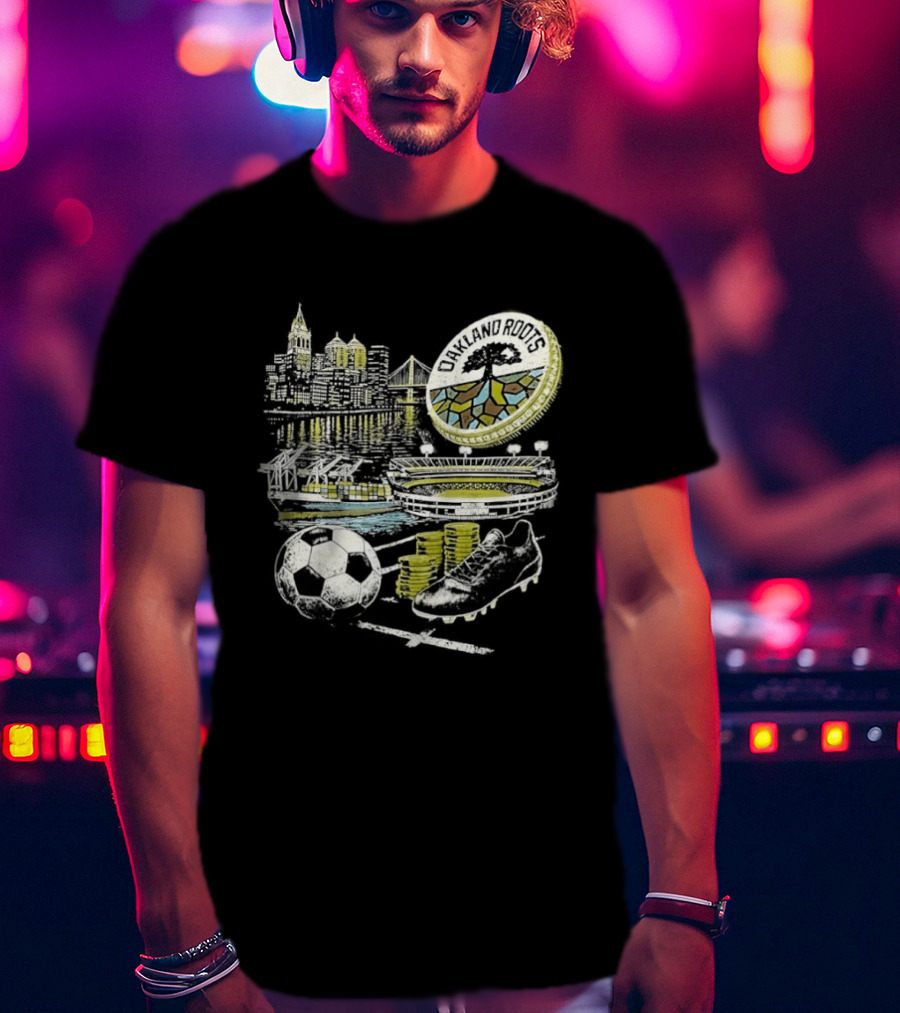 Oakland Roots Skyline Soccer Ball Stadium Ship And Coins T-Shirt