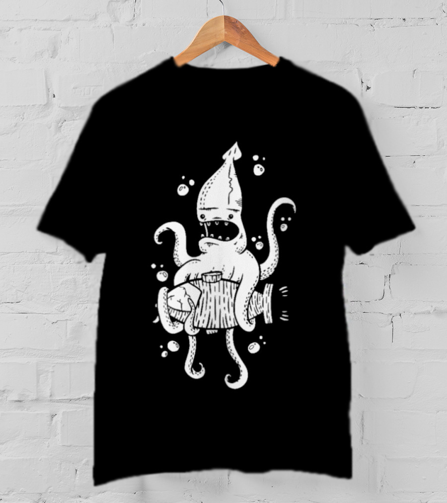 Squid Monster With Barrel Sea Creature Ocean Adventure T-Shirt