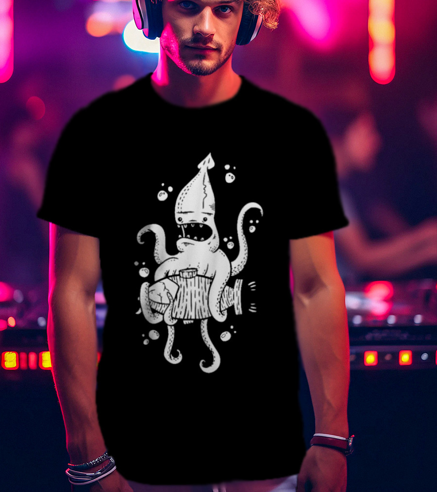 Squid Monster With Barrel Sea Creature Ocean Adventure T-Shirt