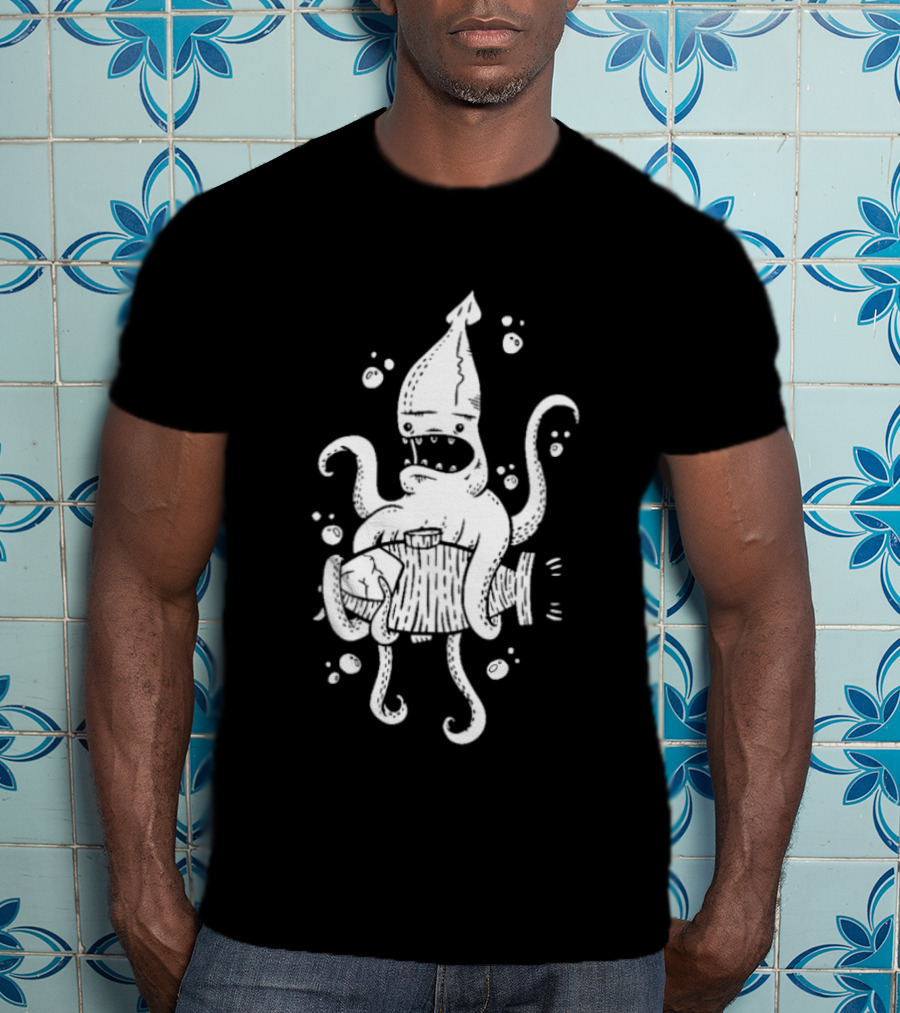 Squid Monster With Barrel Sea Creature Ocean Adventure T-Shirt