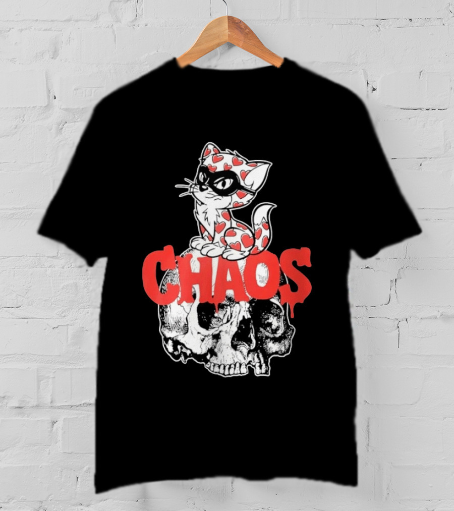 Chaos Cat Heart Pattern Masked Skull T-Shirt