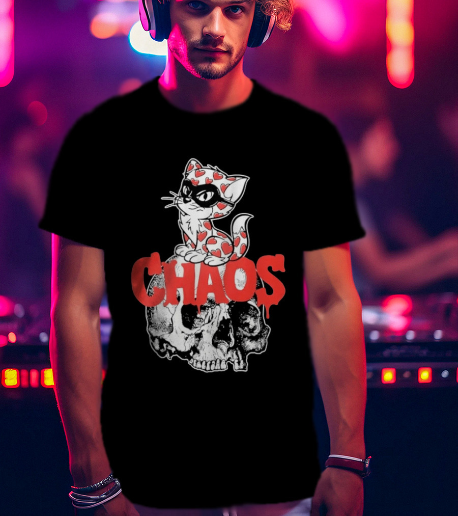 Chaos Cat Heart Pattern Masked Skull T-Shirt