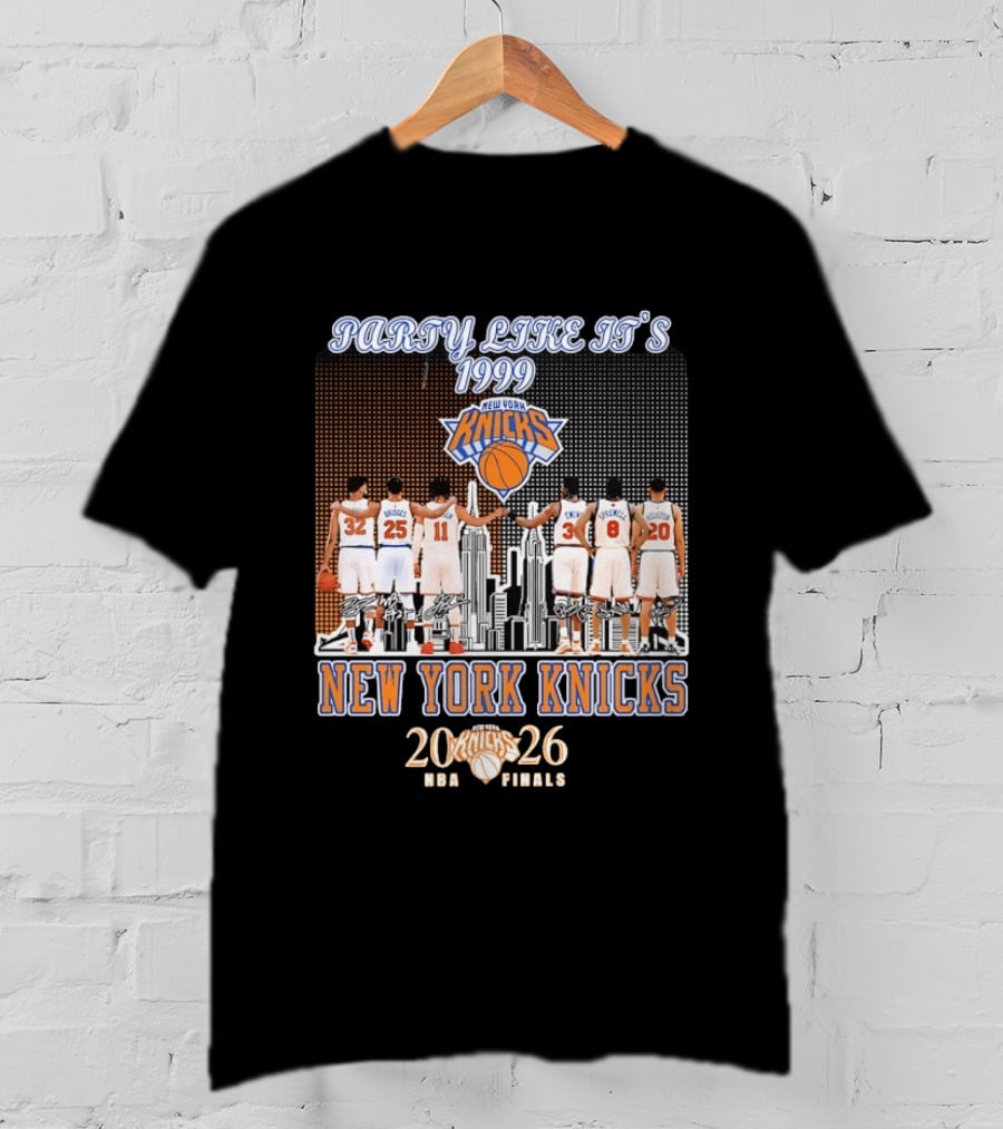 New York Knicks Party Like It's 1999 NBA Finals 2026 Karl Anthony Towns Mikal Bridges Jalen Brunson Patrick Ewing Latrell Sprewell T-Shirt