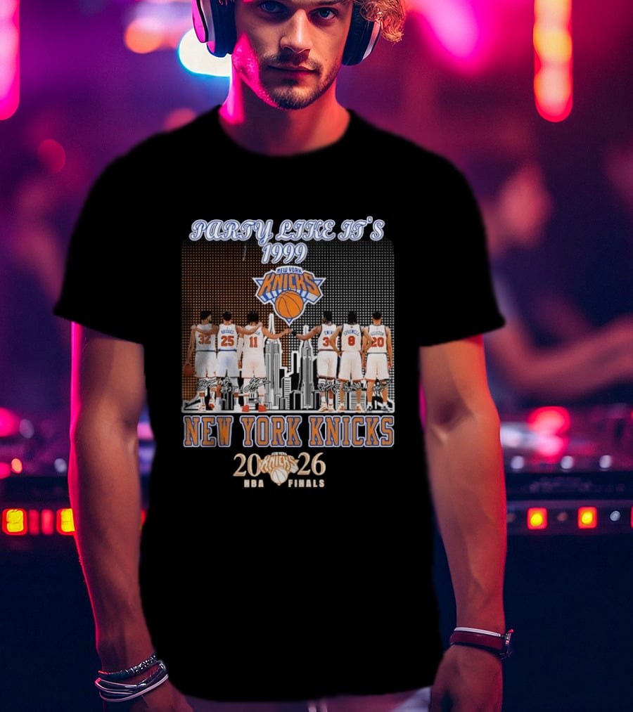 New York Knicks Party Like It's 1999 NBA Finals 2026 Karl Anthony Towns Mikal Bridges Jalen Brunson Patrick Ewing Latrell Sprewell T-Shirt