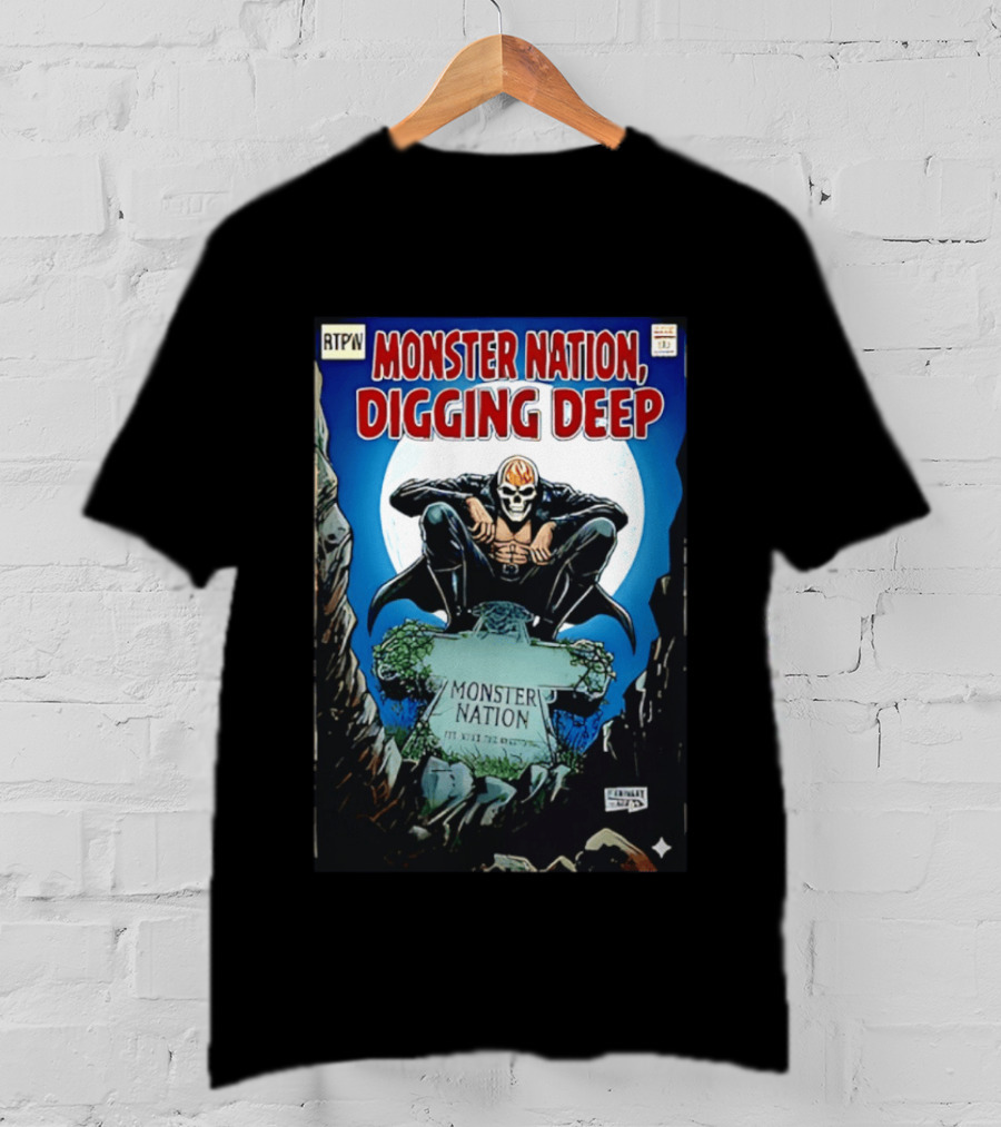Monster Nation Digging Deep Comic Cover Tombstone Skeleton Superhero T-Shirt