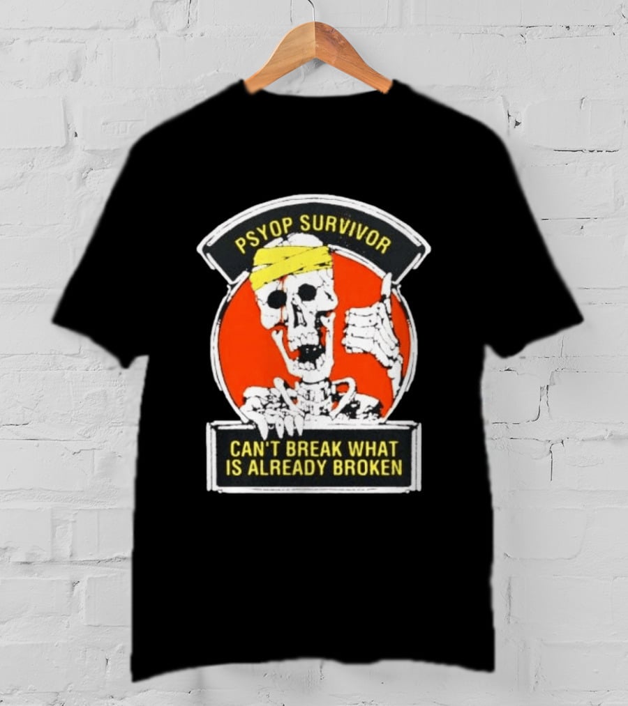 Psyop Survivor Skeleton Can't Break What Is Already Broken Yellow Bandana Thumbs Up T-Shirt
