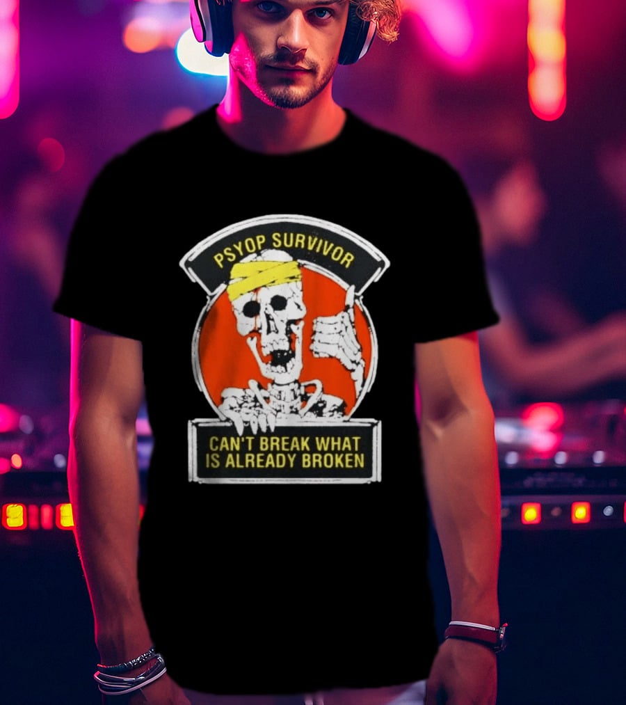 Psyop Survivor Skeleton Can't Break What Is Already Broken Yellow Bandana Thumbs Up T-Shirt