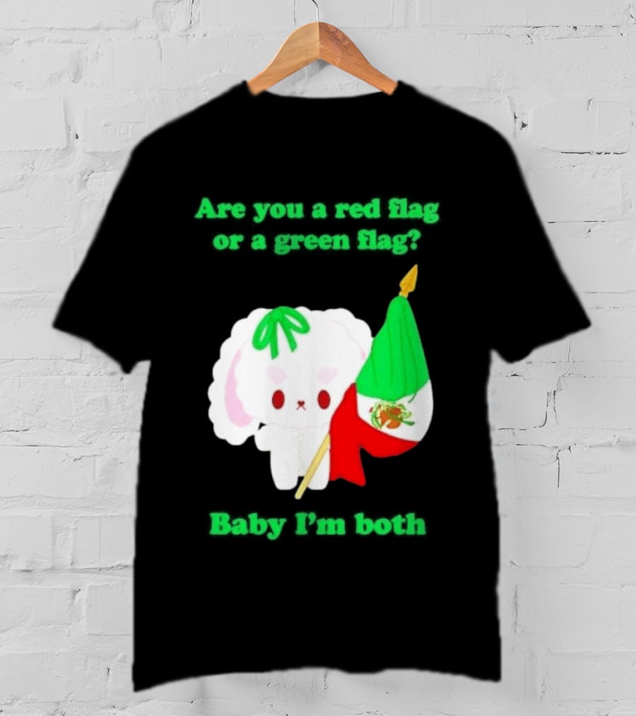 Nonomochi Mexico Flag Are You A Red Flag Or A Green Flag Cute Bunny Holding Mexican Flag T-Shirt