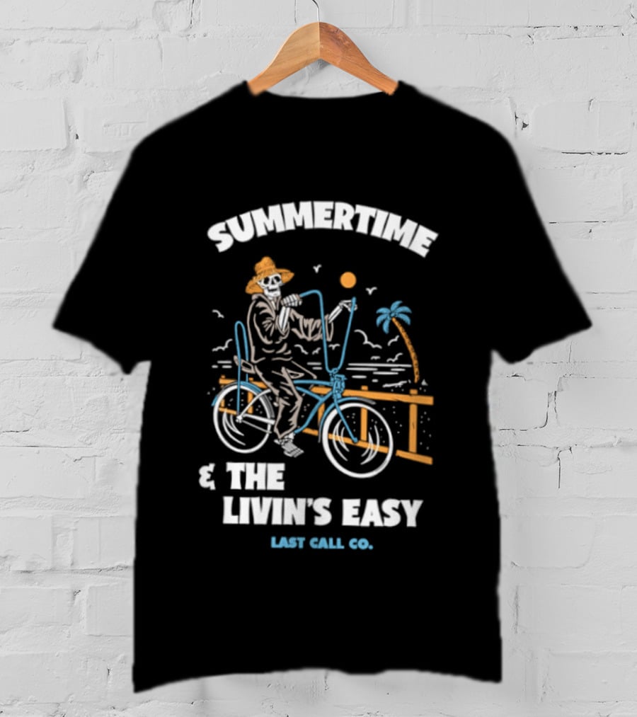 Summertime And The Livin's Easy Last Call Co Skeleton Bicycle Beach Scene T-Shirt