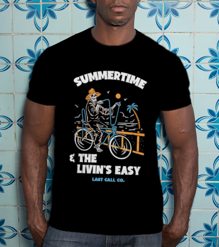 Summertime And The Livin's Easy Last Call Co Skeleton Bicycle Beach Scene T-Shirt