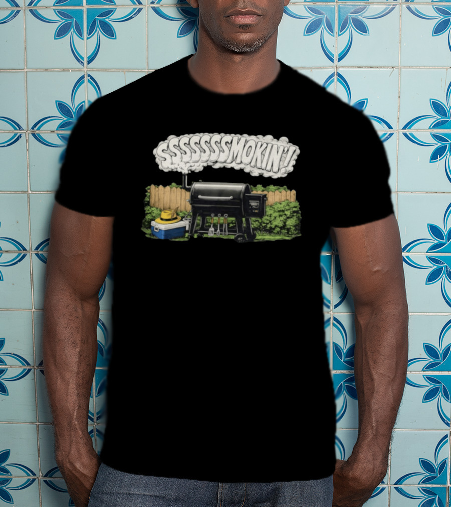 Ssssssmokin Pellet Grill Backyard Barbecue Scene T-Shirt