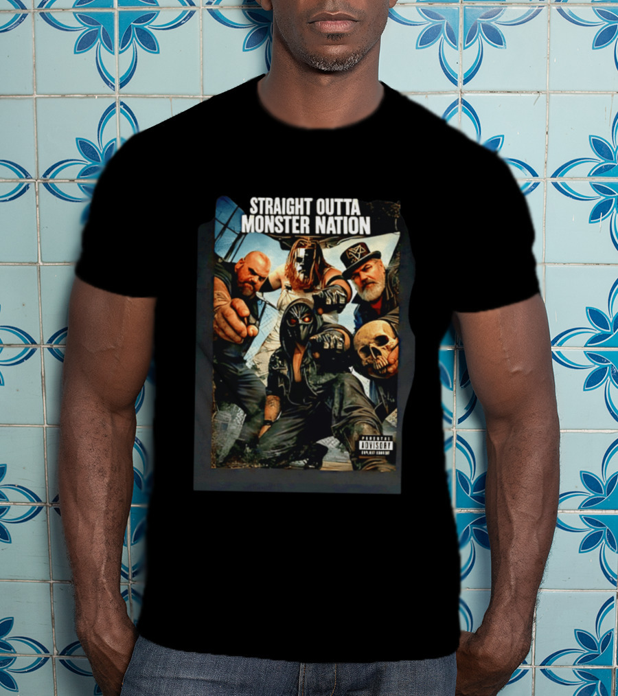Straight Outta Monster Nation Group Pose With Skulls And Masks T-Shirt
